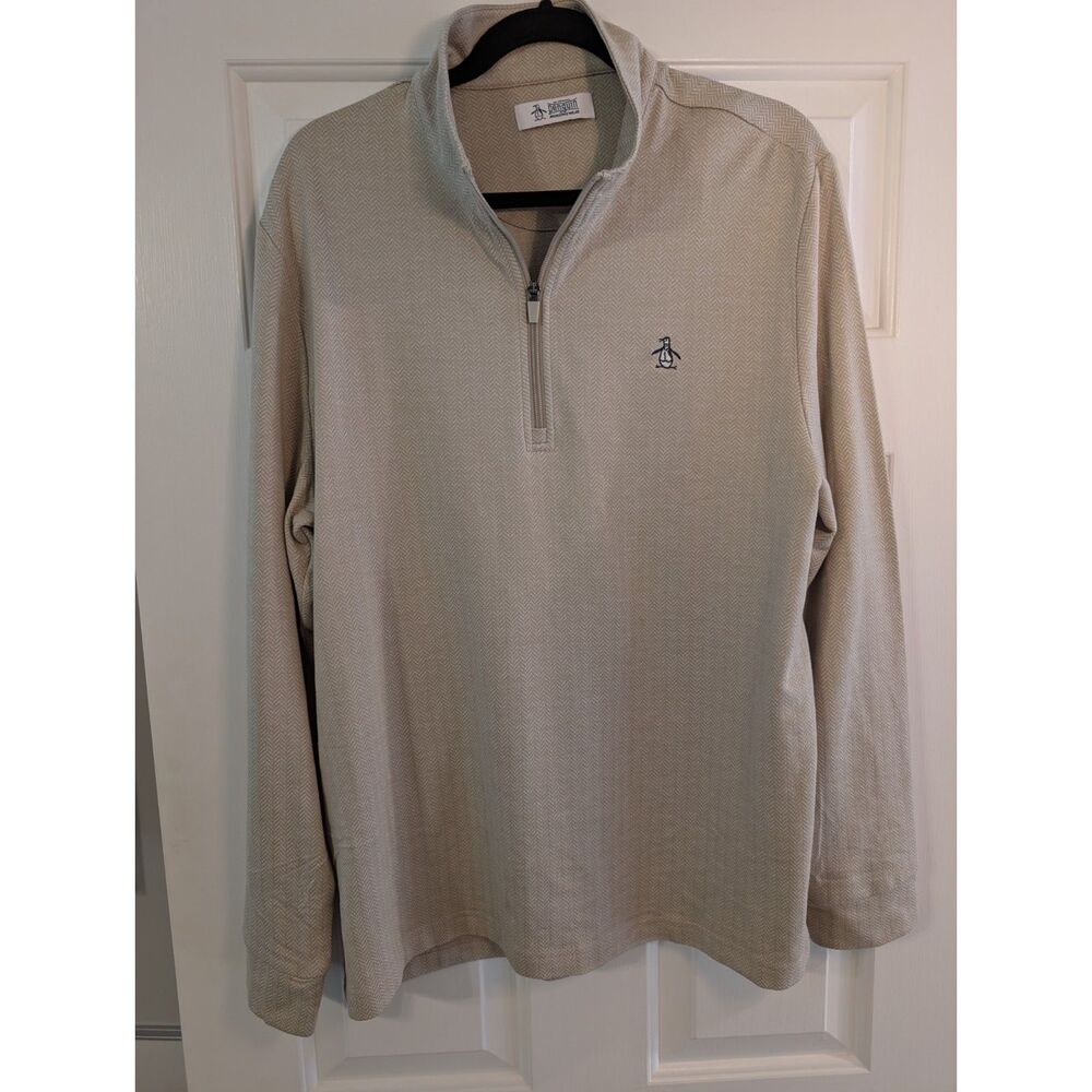 Original Penguin by Munsingwear Men's Large Tan Herringbone Quarter Zip
